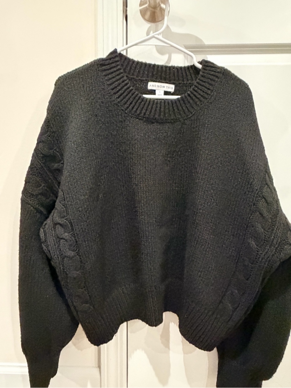 And Now This - Women's Black Cable-Sleeve cropped Crewneck Sweater